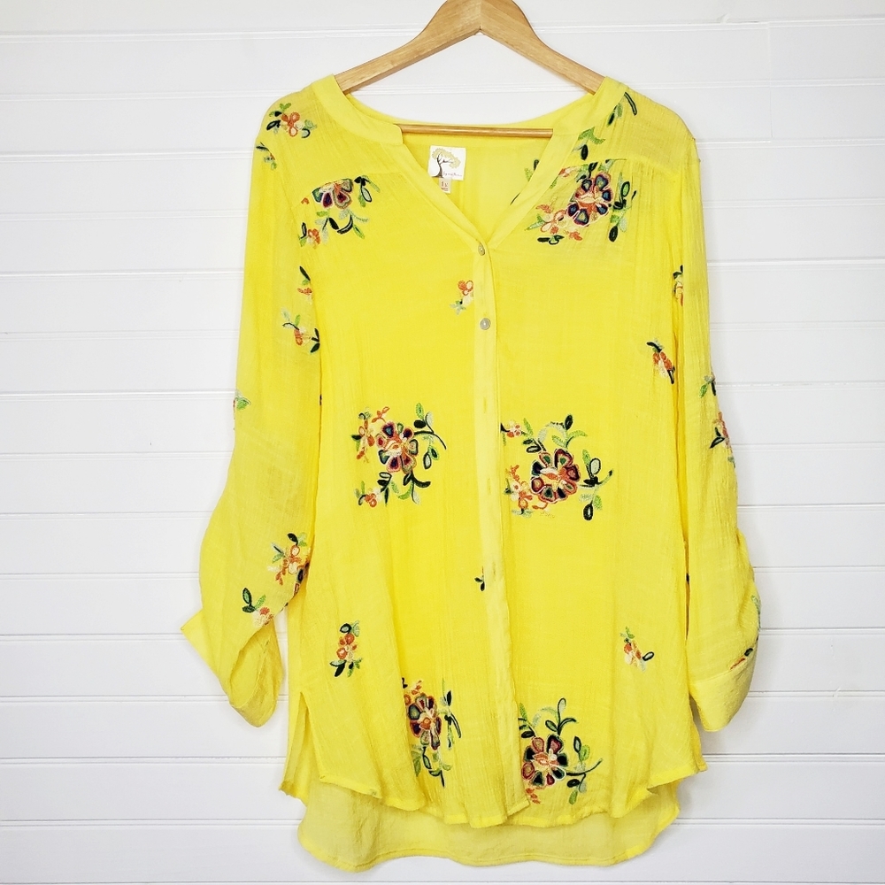 Fig and Flower Sheer Yellow Embroidered Tunic Button Up Shirt